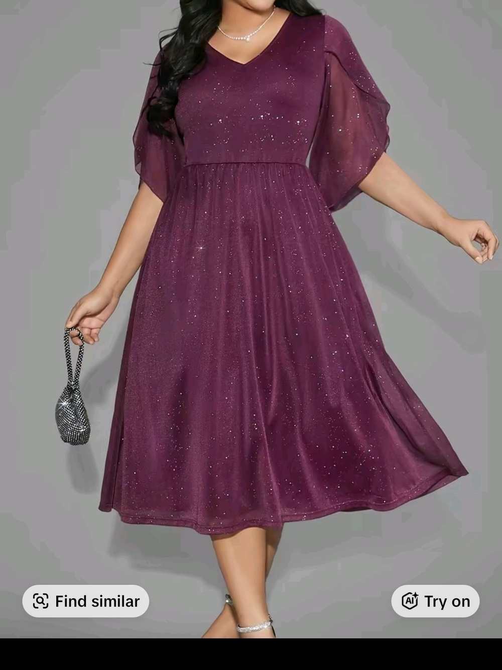 Plus-Size Plum Sparkle Midi Dress with Flutter Sleeves